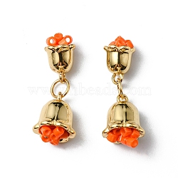 Rack Plating Brass Pendants, with Acrylic Beads, Cadmium Free & Lead Free, Long-Lasting Plated, Real 18K Gold Plated, Bell, Orange, 25x6.5~9.5x5.5~7.5mm, Hole: 3.3mm(KK-P235-09G)