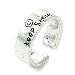 Word Keep Smile Alloy Open Cuff Ring, Lead Free & Cadmium Free, Antique Silver, 6mm, Inner Diameter: Adjustable(RJEW-K275-10AS)