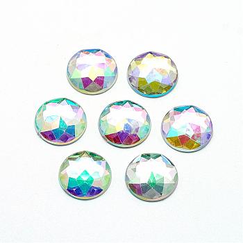Acrylic Rhinestone Flat Back Cabochons, Faceted, Bottom Silver Plated, AB Color, Half Round/Dome, White, 18x5.5~6mm