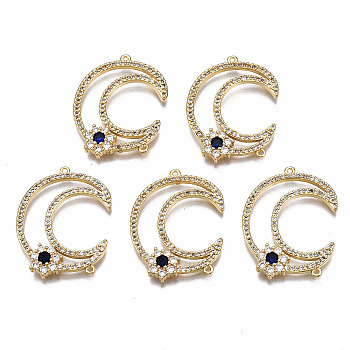 Brass Micro Pave Cubic Zirconia Links Connectors, Nickel Free, Moon, Real 18K Gold Plated, 27x21x4mm, Hole: 1mm
