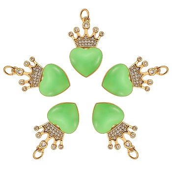 5Pcs Eco-Friendly Brass Micro Pave Cubic Zirconia Pendants, with Enamel & Jump Ring, Real 18K Gold Plated, Long-Lasting Plated, Heart & Crown, Pale Green, 25x14.5x4mm, Hole: 3.6mm