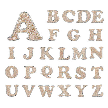 26 Letters Cloth Iron/Sew on Patches, with Crystal Rhinestone & Glitter Powder, Costume Accessories, Alphabet, Champagne Gold, 46~50x25~65x1.5mm, 26pcs/set