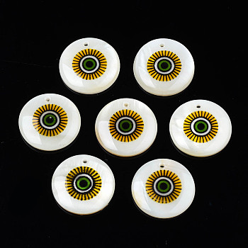 Printed Freshwater Shell Charms, with Enamel, Flat Round, Light Khaki, 17.5~18.5x2.5~3.5mm, Hole: 1.2mm