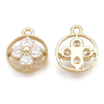 Brass Charms, Real 18K Gold Plated, with Cubic Zirconia, Flat Round, Clear, 12x9.5x3.5mm, Hole: 1.2mm