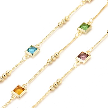 3.28 Feet Golden Brass Curb Chain, with Glass Beads, Long-Lasting Plated, Soldered, Colorful, Square: 11.5x6.5x3mm