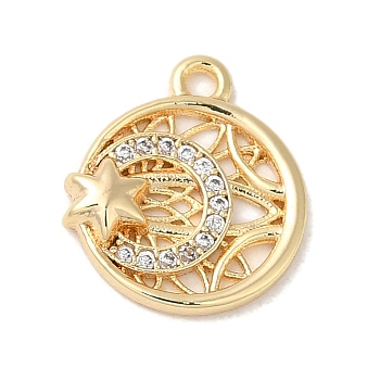 Brass Micro Pave Cubic Zirconia Charms, Flat Round with Moon & Star, Golden, 13x11x2.2mm, Hole: 1.2mm