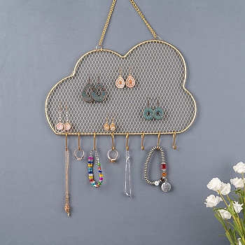 Iron Grid Shape Wall Mount Earring Display, Hanging Jewelry Organizer, for Earrings & Necklaces & Bracelets, Cloud
, Golden, 31.5cm, Cloud: 30.5x19.4x0.4cm