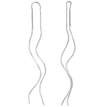 Rhodium Plated 925 Sterling Silver Linear Wave Charms Ear Thread, Long Drop Stud Earrings for Women, Platinum, 140mm