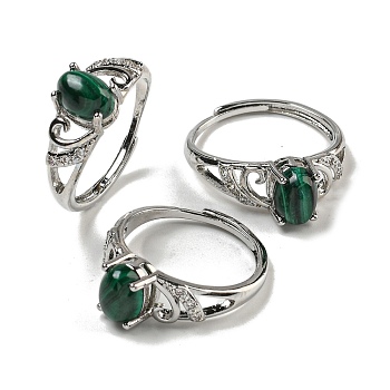 Oval Natural Malachite Adjustable Rings, Brass Clear Cubic Zirconia Ring for Women, Long-Lasting Plated, Lead Free & Cadmium Free, Platinum, Inner Diameter: 18mm