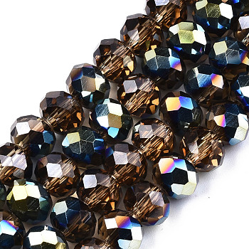 Electroplate Transparent Glass Beads Strands, Half Multi-color Plated, Faceted, Rondelle, Peru, 8x6mm, Hole: 1mm, about 63~65pcs/strand, 39~40cm