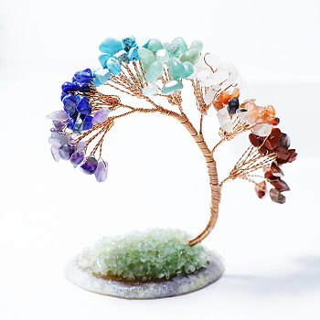 Random Gradient Color Gemstone Tree of Life Feng Shui Ornaments, Home Display Decorations, with Random Agate Slice Base, 95x50x90mm
