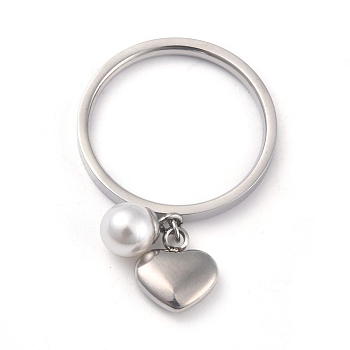 Dual-use Items, 304 Stainless Steel Finger Rings or Pendants, with Plastic Round Beads, Heart, White, Stainless Steel Color, US Size 7(17.3mm)