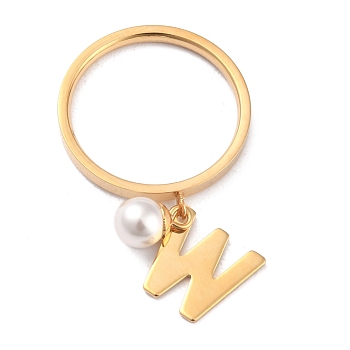 Dual-use Items, 304 Stainless Steel Finger Rings or Pendants, with Plastic Round Beads, Golden, White, Letter.W, US Size 5~9(15.7~18.9mm)