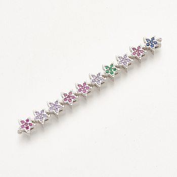 Brass Micro Pave Cubic Zirconia Links, Star, Colorful, Platinum, 56x6.5x3.5mm, Hole: 1mm