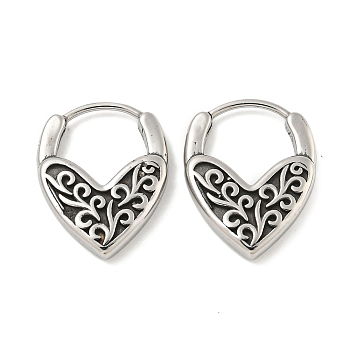 316 Surgical Stainless Steel Hoop Earrings, Heart, Antique Silver, 18.5x14.5mm