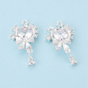 Valentine's Day Brass Micro Pave Clear Cubic Zirconia Pendants, Heart with Bowknot Charms, 925 Sterling Silver Plated, 27x15x5mm, Hole: 1.6mm