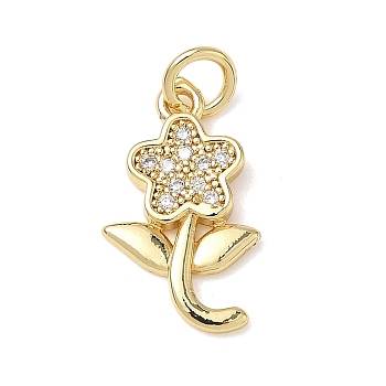 Brass Cubic Zirconia Pendants, with Jump Ring, Lead Free & Cadmium Free, Long-Lasting Plated, Rack Plating, Real 18K Gold Plated, Flower Charm, 17x10x2mm, Hole: 3mm