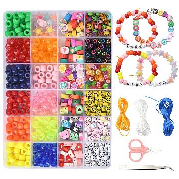 DIY Bracelet Making Kit, Including Resin & Acrylic European & Polymer Clay Beads, Scissors, Tweezers, Star & Flower & Fruit & Smiling Face, Mixed Color, 742Pcs/set
