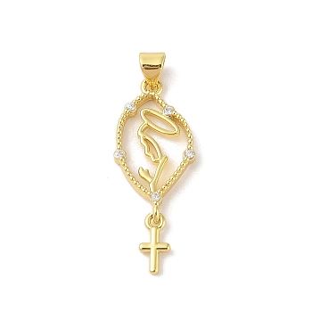 Rack Plating Brass Clear Cubic Zirconia Pendants, Cadmium Free & Lead Free, Oval with Cross, Real 18K Gold Plated, 32x13x2.5mm, Hole: 3x4mm