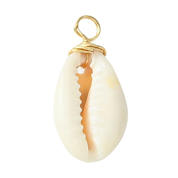 Natural Cowrie Shell Dyed Pendants, with Brass Wire Loops, Shell Shape Charms, Golden, 22x11x8mm, Hole: 2.8mm