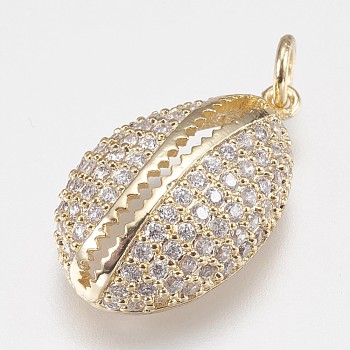 Brass Micro Pave Cubic Zirconia Pendants, with Jump Rings, Shell Shape, Golden, 21x12.5x6mm, Hole: 3mm