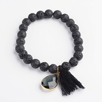 Round Natural Lava Rock Charm Bracelets, with Teardrop Glass Charms and Cotton Tassels, 53mm