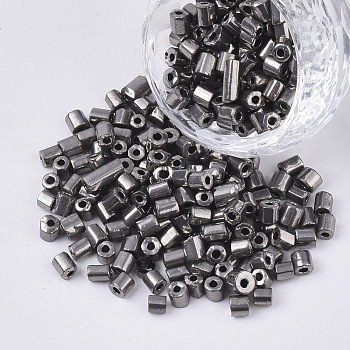 6/0 Two Cut Glass Seed Beads, Hexagon, Metallic Colours, Dark Gray, 3.5~5x3.5~4mm, Hole: 1mm, about 4500pcs/bag