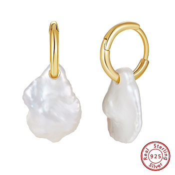 925 Sterling Silver Hoop Earrings, Natural Baroque Pearl Drop Earrings, with S925 Stamp, Real 14K Gold Plated, 22x13~14mm
