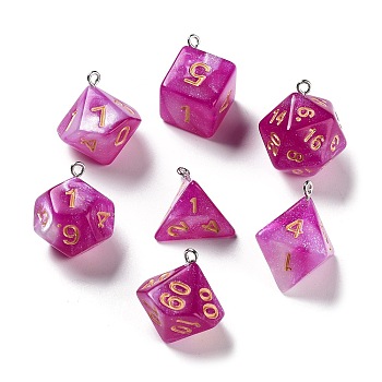 7Pcs 7 Styles Opaque Resin Polyhedral Dice Pendants Set, Glitter Multi-Sided Dice Charms with Platinum Plated Iron Loops, Mixed Shapes, Camellia, 20~28x19~24x17~24mm, Hole: 2mm, 1pc/style