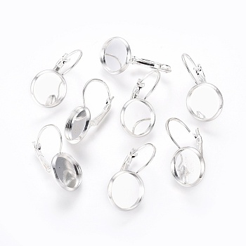 Brass Leverback Earring Findings, Flat Round, Silver Color Plated, 26~28x13.5x13.5mm, Tray: 11.5~12mm, Pin: 0.8mm