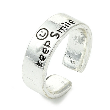 Word Keep Smile Alloy Open Cuff Ring, Lead Free & Cadmium Free, Antique Silver, 6mm, Inner Diameter: Adjustable