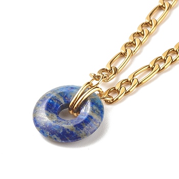Natural Lapis Lazuli Donut Pendant Necklace, Gemstone Necklace with 304 Stainless Steel Figaro Chain for Women, Golden, 15.87 inch(40.3cm)