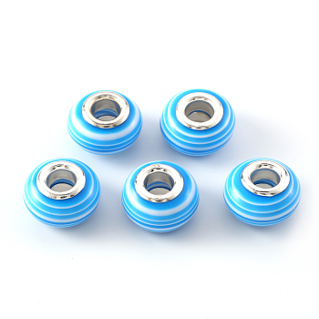 Resin European Beads, Large Hole Beads, with Silver Plated Brass Double Cores, Stripe, Rondelle, Light Sky Blue, 14x8~8.5mm, Hole: 5mm