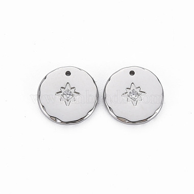 Stainless Steel Color Clear Flat Round Stainless Steel+Cubic Zirconia Charms