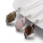 Horse Eye Platinum Plated Brass Rhinestone Gemstone Pendant Necklaces, with Cable Chains and Spring Ring Clasps, Mixed Stone, 18 inch(45.7cm)(NJEW-JN01188)