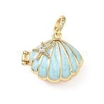 Brass Micro Pave Clear Cubic Zirconia Photo Locket Pendants, Openable Sea Animals Charms with Enamel, Real 18K Gold Plated, Long-Lasting Plated, Cadmium Free & Lead Free, Rack Plating, Light Sky Blue, Shell Shape with Starfish, 28mm, Hole: 5mm, inner size: 15x16mm(KK-A303-15A-G)