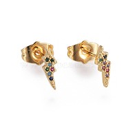 Brass Micro Pave Cubic Zirconia Flash Crawler Stud Earrings, Climber Earrings, with Brass Ear Nuts, Lightning Bolt, Colorful, Golden, 10~10.5x3.5mm, Pin: 0.7mm(EJEW-F201-03G)