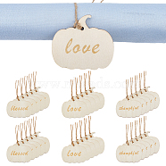30 Sets 3 Style Unfinished Wooden Napkin Rings Tags Set, Thanksgiving Day Wood Pendant Decoration, with Jute Cords, Pumpkin with Word, Floral White, 70.5x80x2mm, Hole: 4.5mm, 352x1mm, 10 sets/style(DIY-FH0005-62)