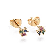 Brass Micro Pave Cubic Zirconia Stud Earrings, Clover, Golden, Colorful, 4.5x4.5x2.3mm, Pin: 0.7mm(EJEW-L224-13G)