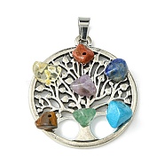 Chakra Gemstone Pendants, Tree of Life Charms with Antique Silver Plated Alloy Findings, 38.5x34x7mm, Hole: 7x4.5mm(PALLOY-JF02392-01)