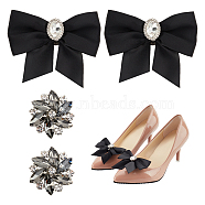 Wedding Shoe Decoration Sets, including 2Pcs Polyester Bowknots and 2Pcs Flower Shape Alloy Shoe Buckle Clips, Black, Bowknot: 62x77x19mm, Flower: 32x34x10mm(AJEW-NB0005-13A)