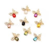 K9 Glass Pendants, with Light Gold Brass Finding, Butterfly Charms, Mixed Color, 30.5x30x5.5mm, Hole: 1.6mm(KK-E071-27KCG)