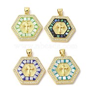 Cross Theme Brass Micro Pave Cubic Zirconia Pendants, with Enamel & Shell, Long-Lasting Plated, Lead Free & Cadmium Free, Real 18K Gold Plated, Hexagon, Mixed Color, 23.5x24x4mm, Hole: 5x3.5mm(KK-K385-035G)