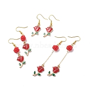 3 Pairs 3 Style Red Alloy Enamel Charms & Rose Beaded Dangle Earrings, Valentine Theme Brass Jewelry for Women, Golden, Rose Pattern, 40~79mm, Pin: 0.5mm(EJEW-JE05031-04)