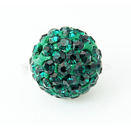 Polymer Clay Rhinestone Beads, Pave Disco Ball Beads, Grade A, Half Drilled, Round, Emerald, PP9(1.5.~1.6mm), 6mm, Hole: 1.2mm(RB-H284-6MM-Half-205)