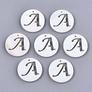 Natural Freshwater Shell Charms, Flat Round with Hollow Out Letter, Letter.A, 14.5x1.5mm, Hole: 0.9mm(SHEL-S276-119A)