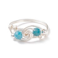 Natural Apatite Beaded Spiral Finger Ring, Brass Wire Wrap Jewelry for Women, Silver, US Size 8 1/2(18.5mm)(RJEW-TA00049-01)