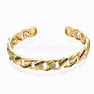 Brass Micro Pave Cubic Zirconia Curb Chain Cuff Bangles, Nickel Free, Real 16K Gold Plated, Colorful, Inner Diameter: 2-1/8x2 inch(5.5x5.2cm), 8.5mm(BJEW-T018-12G-01-NF)