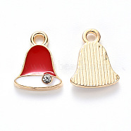 Alloy Enamel Charms, with Crystal Rhinestone, for Christmas, Jingle Bell, Light Gold, Red, 12x9.5x2mm, Hole: 1.6mm(ENAM-S121-107)