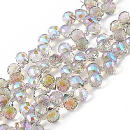 Transparent Electroplate Glass Beads Strands, Faceted, Top Drilled Teardrop, Half Rainbow Plated, Lilac, 10x7.5~8mm, Hole: 0.8~1mm, about 95~100pcs/strand, 23.23~26.77(59~68cm)(EGLA-F152B-HR01)
